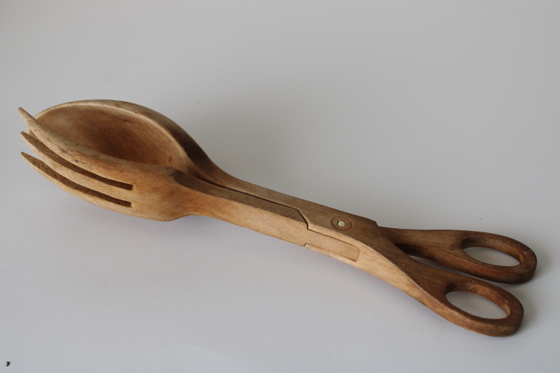 photo of vintage wood salad tongs, one piece fork and spoon salad server natural wood #3