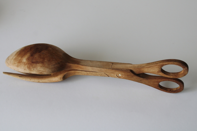 photo of vintage wood salad tongs, one piece fork and spoon salad server natural wood #4