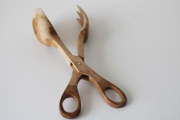 catalog photo of vintage wood salad tongs, one piece fork and spoon salad server natural wood 