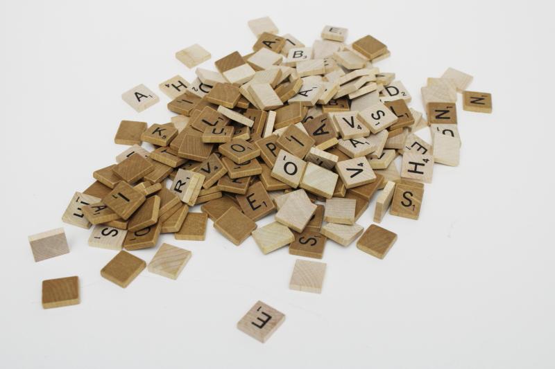 photo of vintage wood scrabble letter tiles, 175+ pieces for upcycled art, game parts lot #1