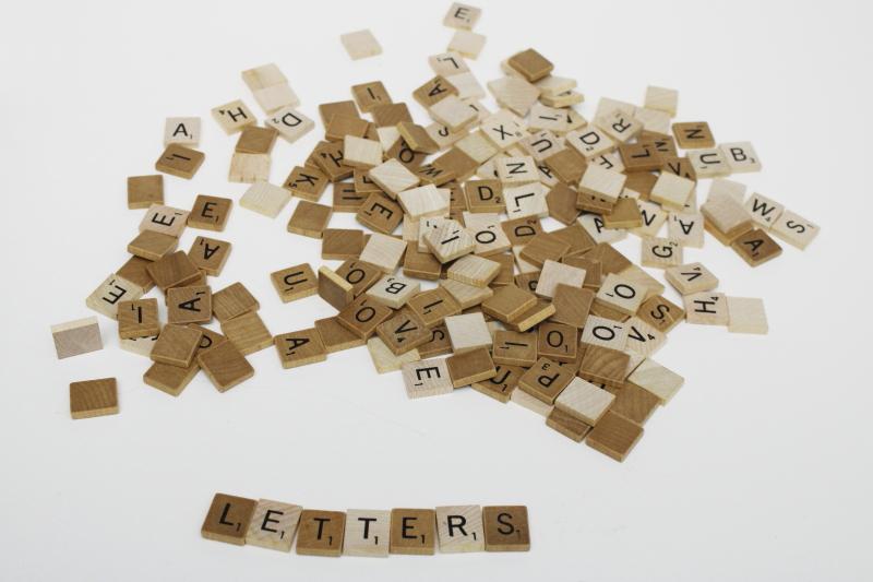 photo of vintage wood scrabble letter tiles, 175+ pieces for upcycled art, game parts lot #3