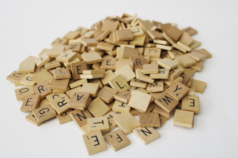 photo of vintage wood scrabble letter tiles, 250+ pieces for upcycled art, game parts lot #1