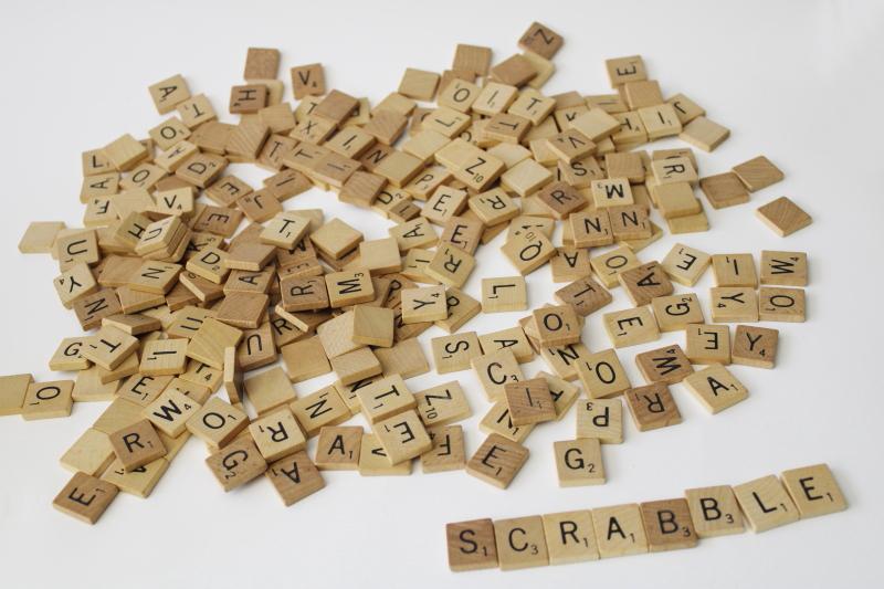 photo of vintage wood scrabble letter tiles, 250+ pieces for upcycled art, game parts lot #2