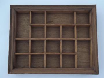 catalog photo of vintage wood shadowbox frame, type case style miniature display shelves