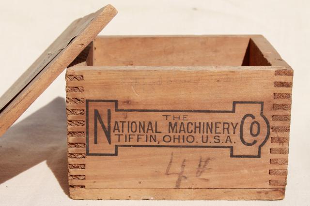 photo of vintage wood shipping crate w/ machinery advertising graphics, rustic file box size storage #2