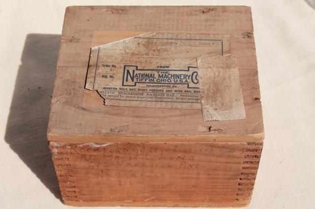 photo of vintage wood shipping crate w/ machinery advertising graphics, rustic file box size storage #7