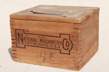 catalog photo of vintage wood shipping crate w/ machinery advertising graphics, rustic file box size storage