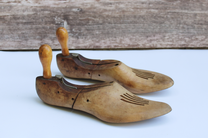 photo of vintage wood shoe stretchers, pair of wooden feet foot shape shoe trees  #1