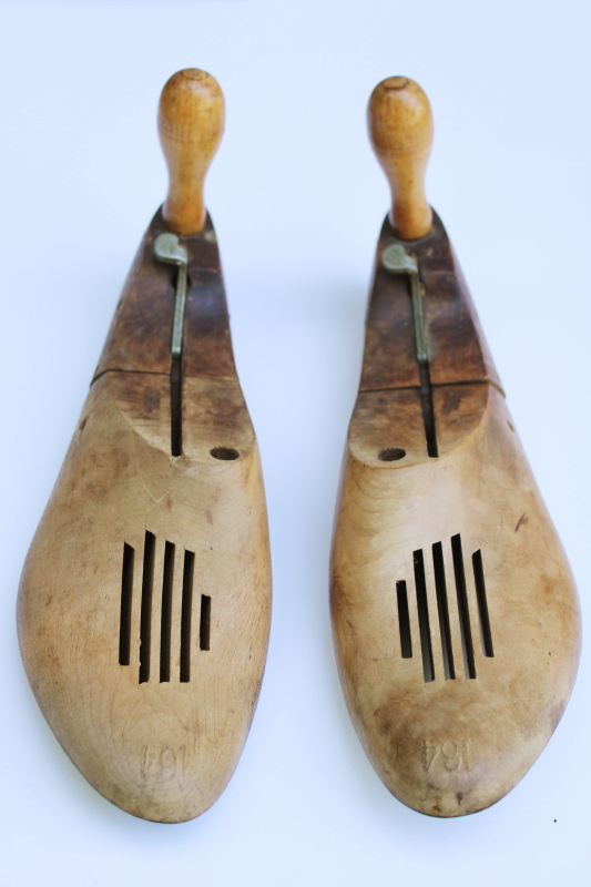 photo of vintage wood shoe stretchers, pair of wooden feet foot shape shoe trees  #2