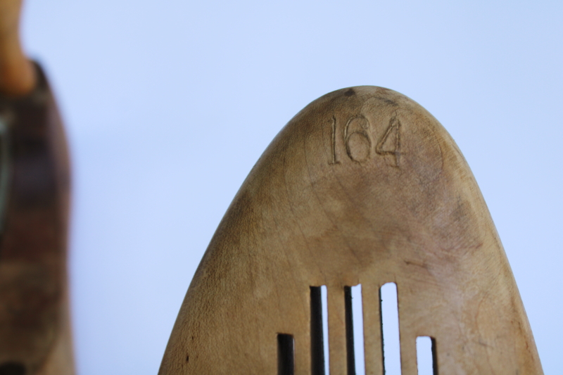 photo of vintage wood shoe stretchers, pair of wooden feet foot shape shoe trees  #3
