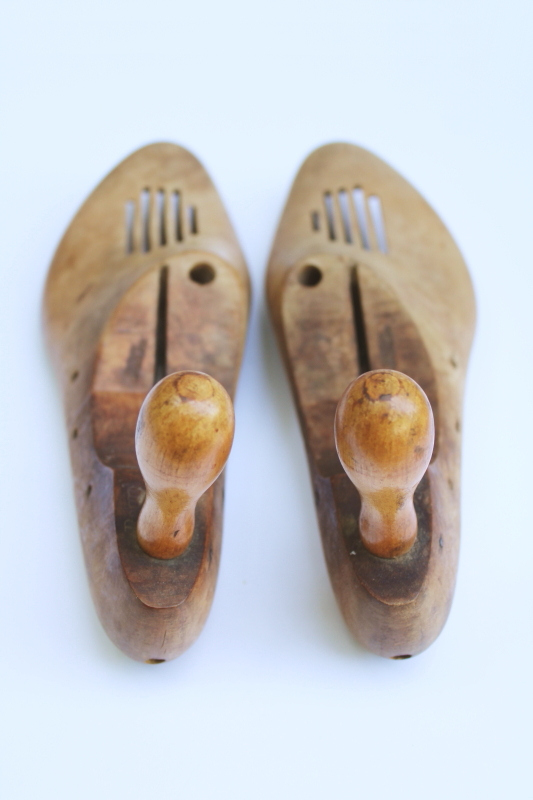 photo of vintage wood shoe stretchers, pair of wooden feet foot shape shoe trees  #4