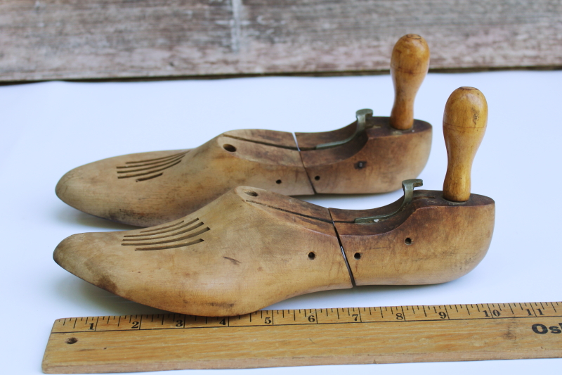 photo of vintage wood shoe stretchers, pair of wooden feet foot shape shoe trees  #5
