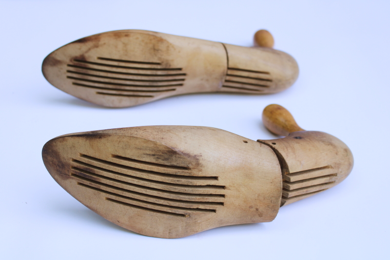 photo of vintage wood shoe stretchers, pair of wooden feet foot shape shoe trees  #7