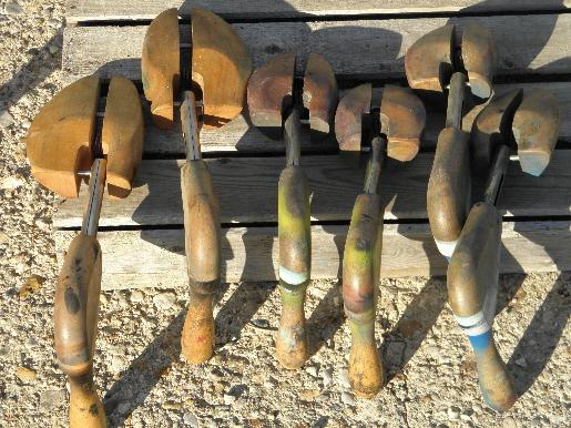 photo of vintage wood shoe tree stretchers, old shoe last form wooden feet lot #5