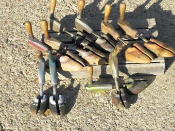 catalog photo of vintage wood shoe tree stretchers, old shoe last form wooden feet lot