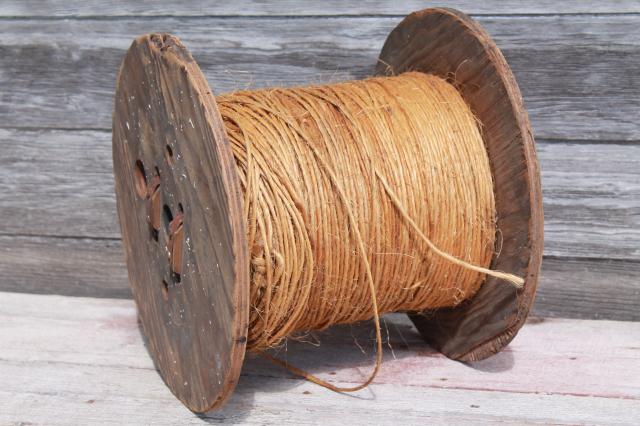 photo of vintage wood spool of rope, rustic farm primitive natural sisal hay bale twine #4