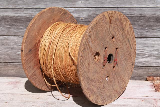 photo of vintage wood spool of rope, rustic farm primitive natural sisal hay bale twine #5