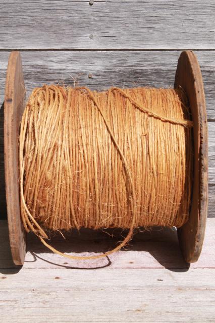 photo of vintage wood spool of rope, rustic farm primitive natural sisal hay bale twine #6