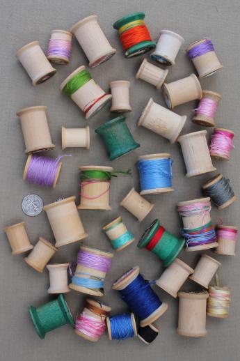 photo of vintage wood spools, lot of primitive old wooden spools from sewing thread #1