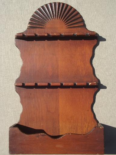 photo of vintage wood spoon rack, country pine wall box spoon holder display #2