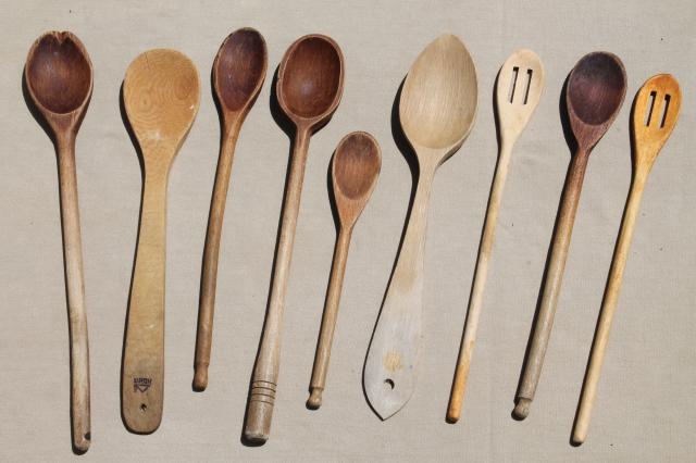 photo of vintage wood spoons, collection of primitive long handled wooden stirring spoons #1