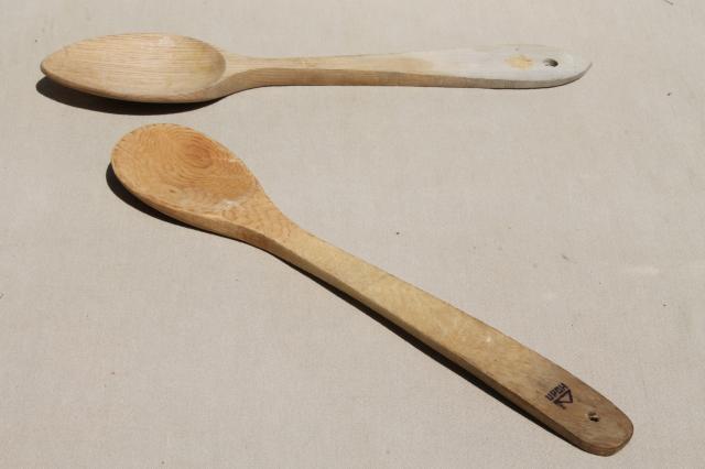 photo of vintage wood spoons, collection of primitive long handled wooden stirring spoons #2