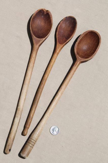 photo of vintage wood spoons, collection of primitive long handled wooden stirring spoons #3