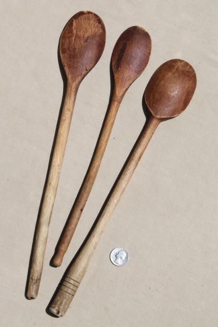 photo of vintage wood spoons, collection of primitive long handled wooden stirring spoons #4