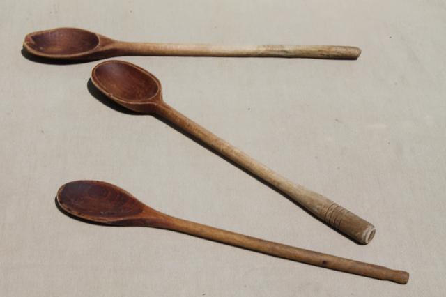 photo of vintage wood spoons, collection of primitive long handled wooden stirring spoons #5