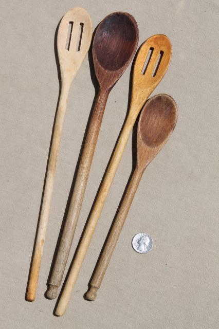 photo of vintage wood spoons, collection of primitive long handled wooden stirring spoons #6