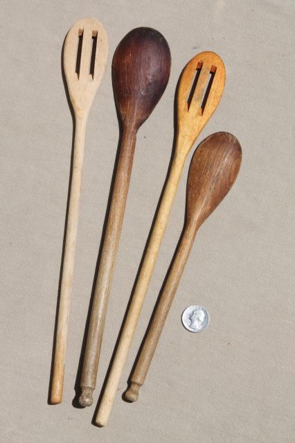 photo of vintage wood spoons, collection of primitive long handled wooden stirring spoons #7