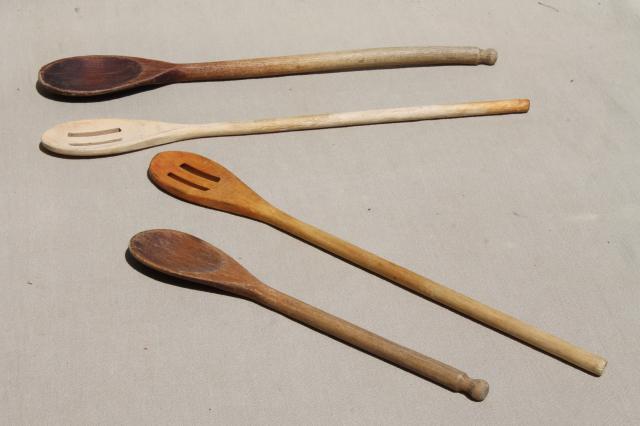 photo of vintage wood spoons, collection of primitive long handled wooden stirring spoons #8