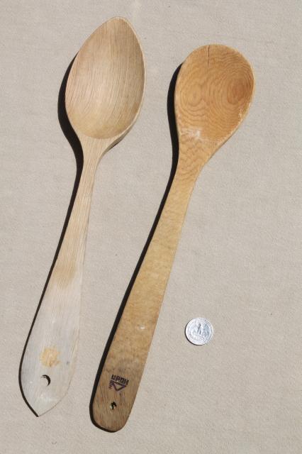 photo of vintage wood spoons, collection of primitive long handled wooden stirring spoons #9