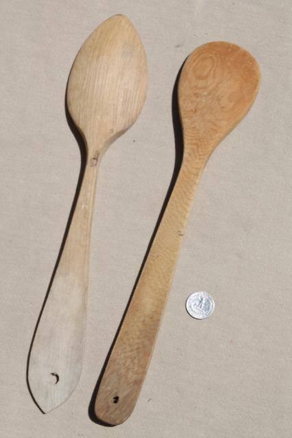 photo of vintage wood spoons, collection of primitive long handled wooden stirring spoons #10