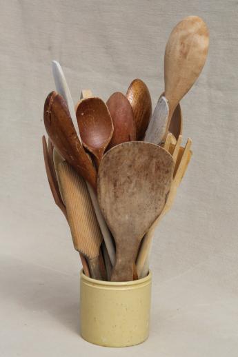 photo of vintage wood spoons & wooden kitchen utensils - butter paddle & scoop, spoon & fork sets #1