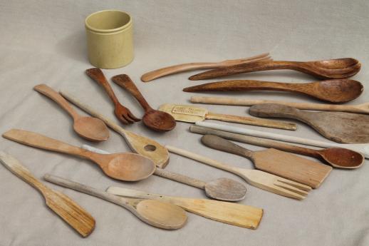 photo of vintage wood spoons & wooden kitchen utensils - butter paddle & scoop, spoon & fork sets #6