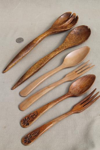 photo of vintage wood spoons & wooden kitchen utensils - butter paddle & scoop, spoon & fork sets #7