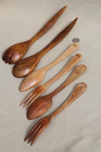 photo of vintage wood spoons & wooden kitchen utensils - butter paddle & scoop, spoon & fork sets #8