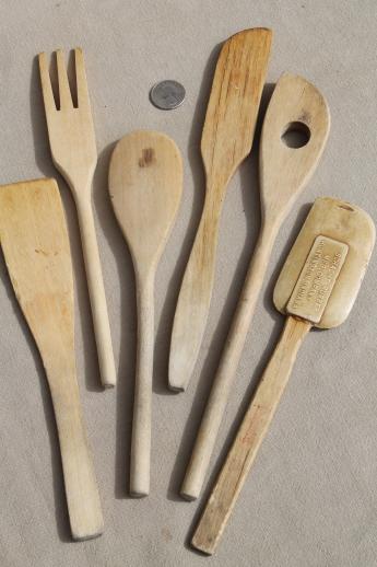 photo of vintage wood spoons & wooden kitchen utensils - butter paddle & scoop, spoon & fork sets #12