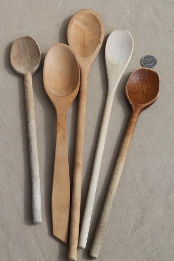 photo of vintage wood spoons & wooden kitchen utensils - butter paddle & scoop, spoon & fork sets #13