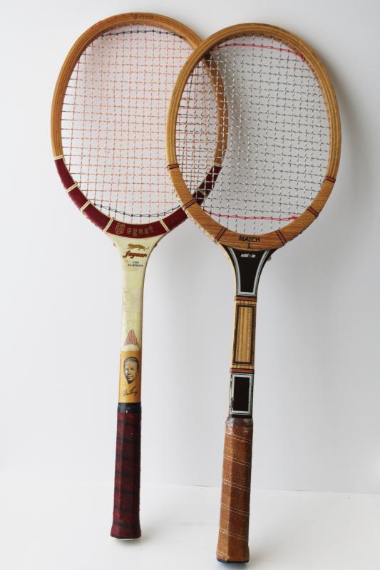 photo of vintage wood tennis racquets, Don Budge & Add In racket lot, retro sporting decor #1