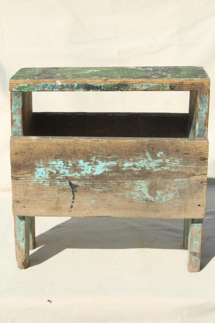 photo of vintage wood tiny bench or foot stool, farm country primitive worn weathered old paint #4