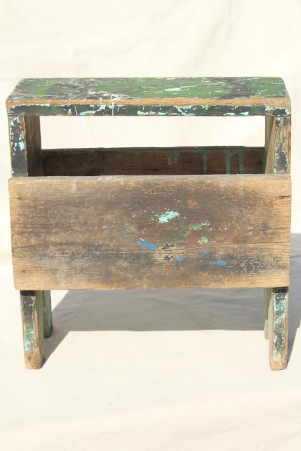 photo of vintage wood tiny bench or foot stool, farm country primitive worn weathered old paint #6