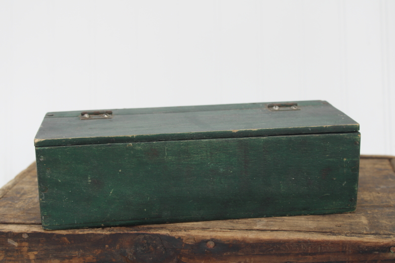 photo of vintage wood tool box w/ worn old green paint, hinged lid storage box farmhouse decor #1