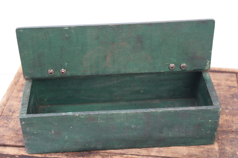 photo of vintage wood tool box w/ worn old green paint, hinged lid storage box farmhouse decor #2