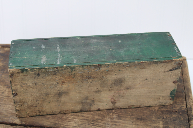 photo of vintage wood tool box w/ worn old green paint, hinged lid storage box farmhouse decor #3