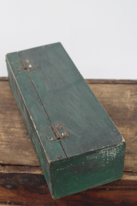 photo of vintage wood tool box w/ worn old green paint, hinged lid storage box farmhouse decor #4
