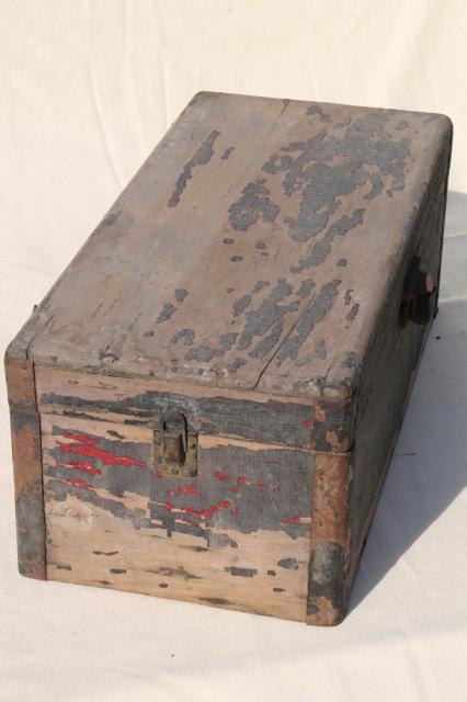 photo of vintage wood trunk wooden carpenter's box, antique tool chest for woodworking tools #7