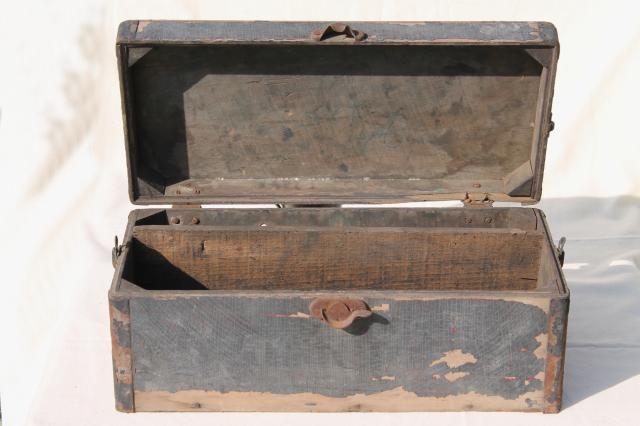 photo of vintage wood trunk wooden carpenter's box, antique tool chest for woodworking tools #11