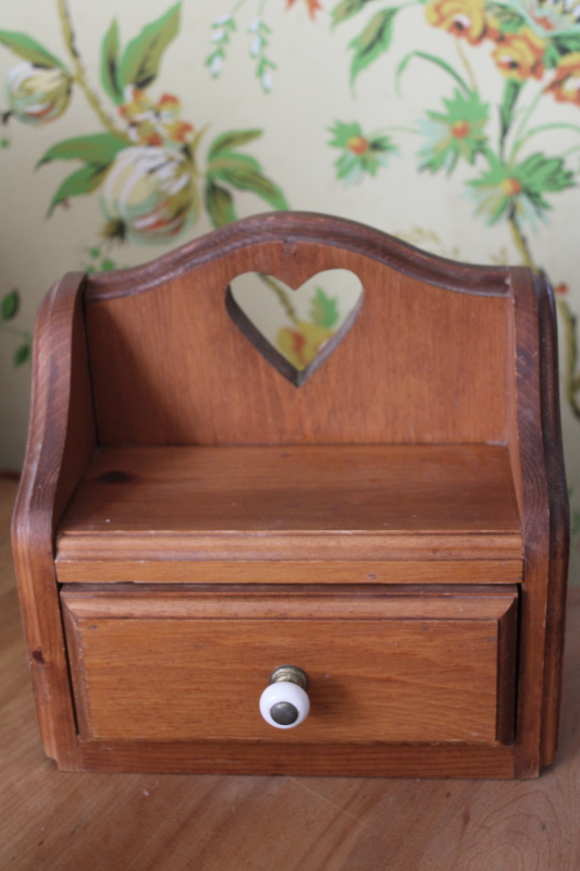 photo of vintage wood wall box heart cutout shelf w/ tiny drawer, kitchen spice rack or grandmacore decor #1